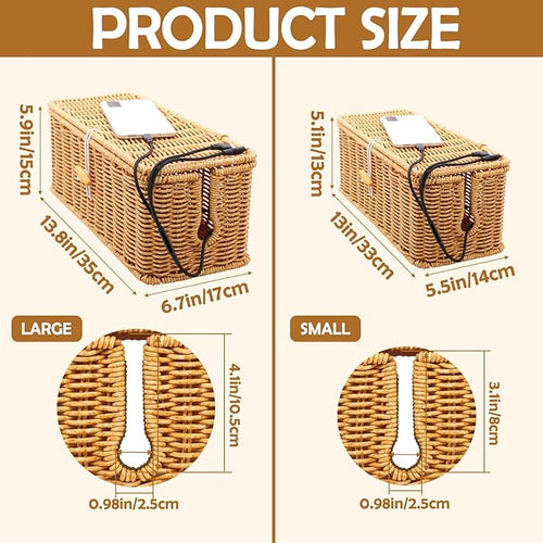 2PCS Cable Management Box, Handmade Rattan Cable Organizer Cord Basket
