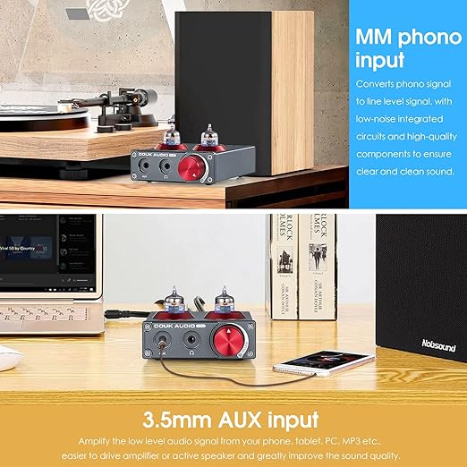 Douk Audio T4 PRO Vacuum Tube Phono Preamp, MM Turntable Preamplifier, GE5654 Hi-Fi Headphone Amp for Home Theater/Record Player/Stereo Amplifier/Active Speaker