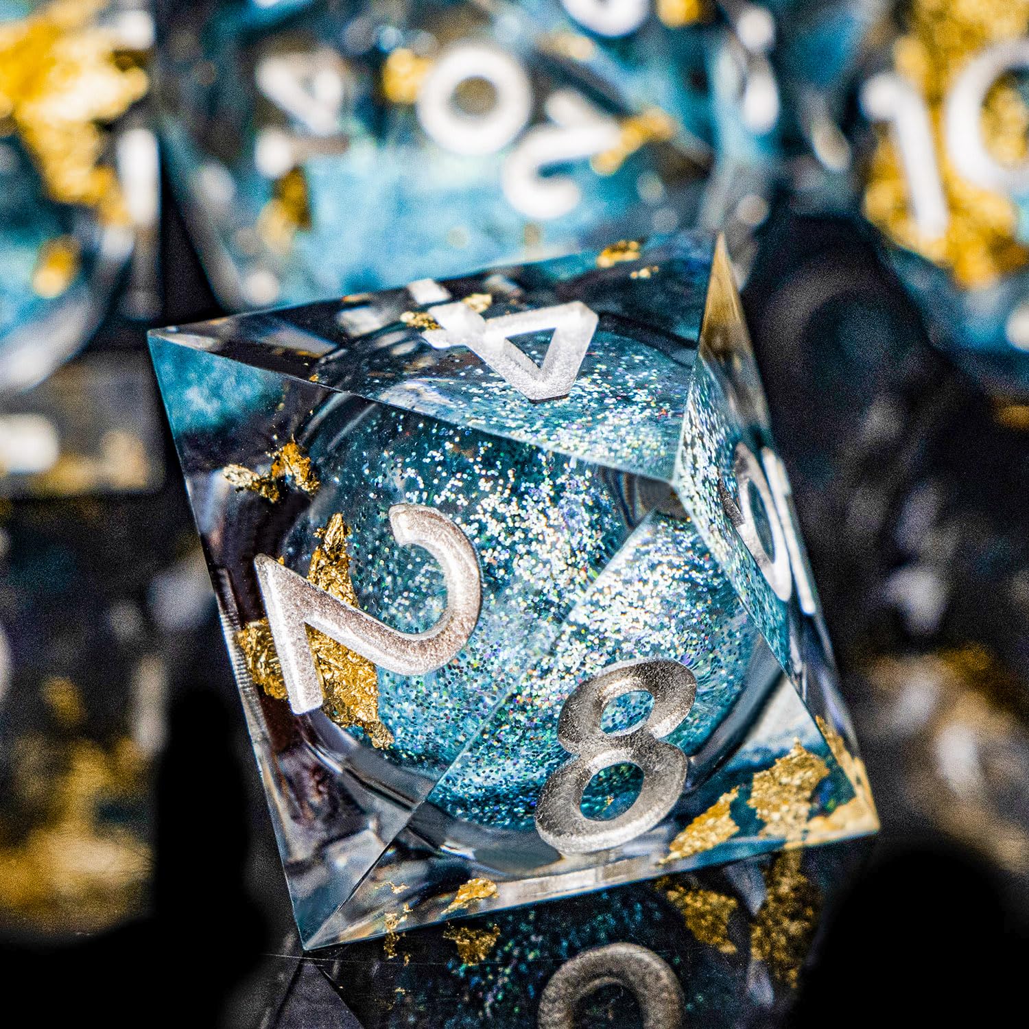 ORIFANTOU DND Dice Blue Liquid Core Dice Set with Metal Box, Handmade Sharp Edge D and D Polyhedral Dice for use with RPG D&D Role Playing Game