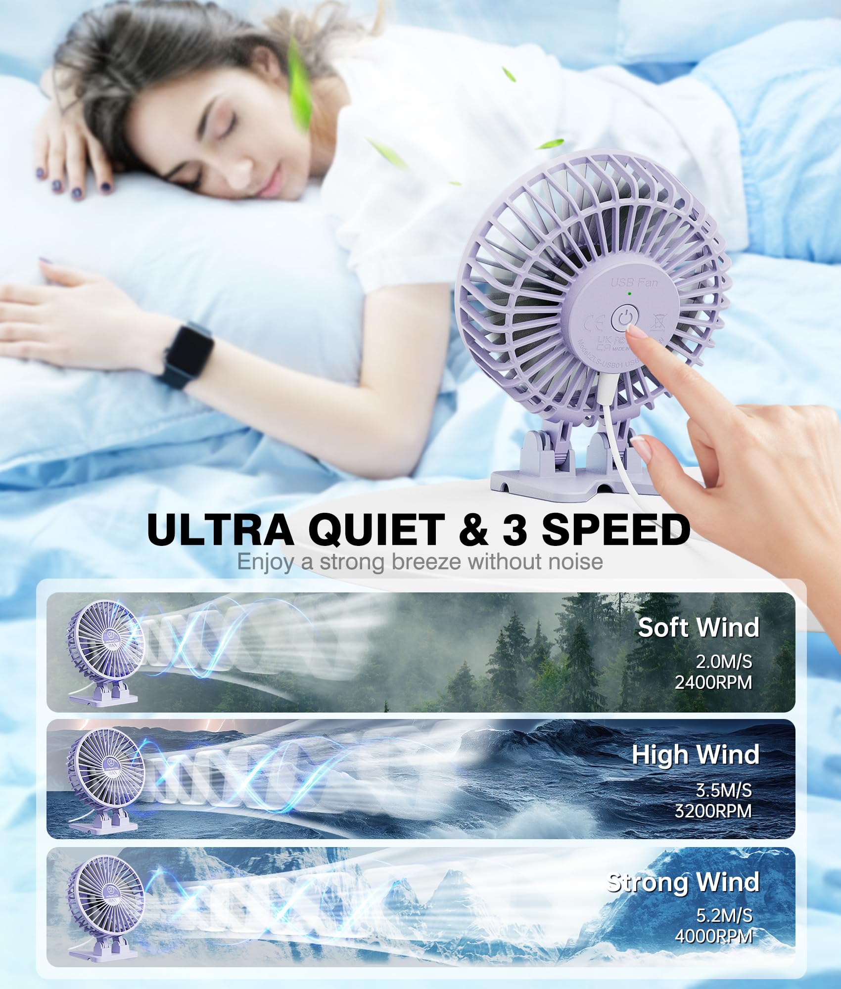 JZCreater USB Desk Fan, Mini Fan Portable, 3 Speeds Desktop Table Cooling Fan, Plug in Power Fan, Rotation Strong Wind, Quiet Personal Small Fan for Home Desktop Office Travel Bedroom, Purple