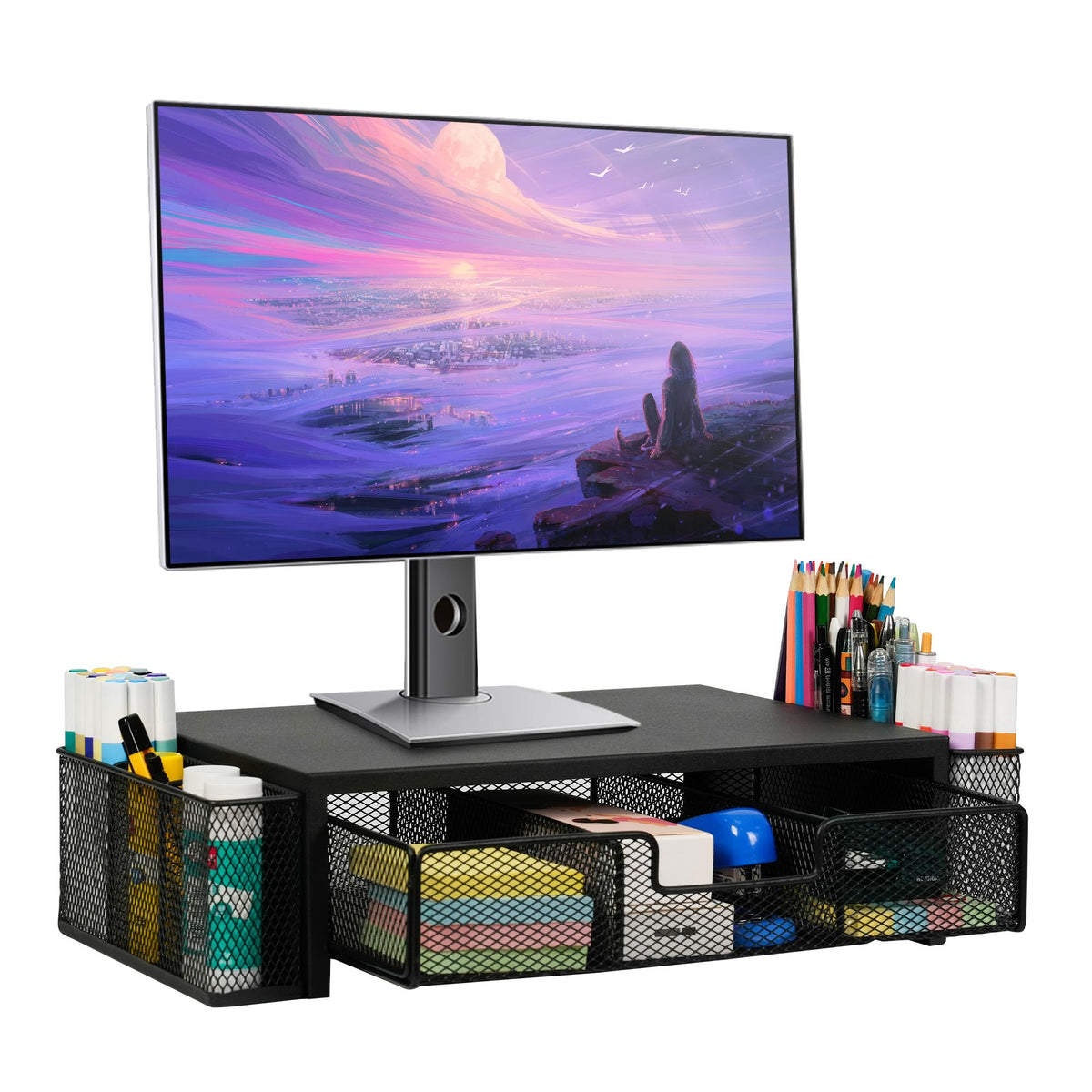 Qupui Computer Monitor Stand Riser with Drawer and Pen Holders, Desk Organizer Shelf and Accessories, Office Desk Accessories, Office Organization, Purple