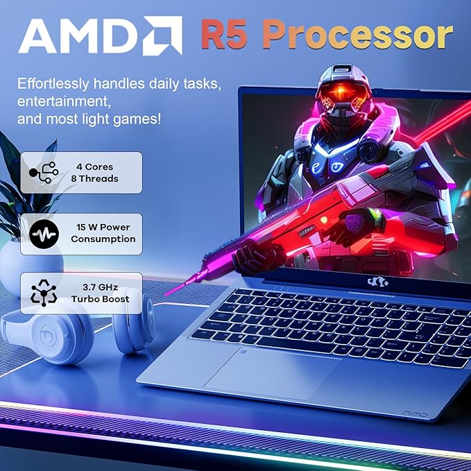 NIMO 15.6 inch Laptop FHD, AMD Ryzen 5 3500U, 8 GB RAM, 256 GB SSD, Windows 11, Backlit Keyboard, Fingerprint Reader, 65W PD, Lightweight Computer for Work and Homeschooling, Classic Silver