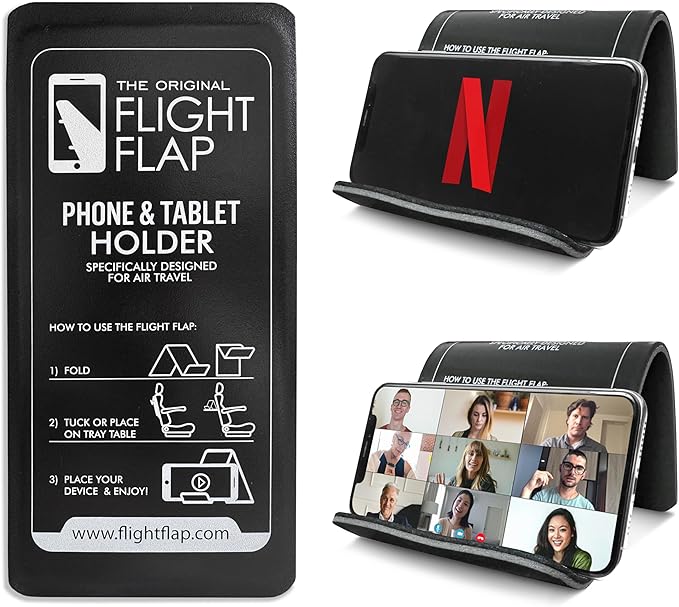 Airplane Phone Holder, Flexible Cell Phone Holder, Folding Cellphone Stand for Desk, Bed, Office, Treadmill - Airplane Accessories Long Flight Travel - Plane Essentials (Original Black)