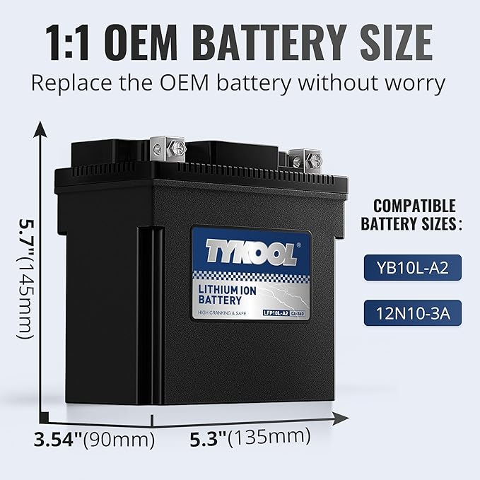 TYKOOL YB10L-A2 Lithium LiFePO4 Motorcycle Battery, 12.8V 6Ah, 360CCA, Built in BMS, Powersports Battery, for ATV, UTV, Jet Ski, Personal Watercraft, Snowmobile, Quad, Riding Lawn Mower, Tractor