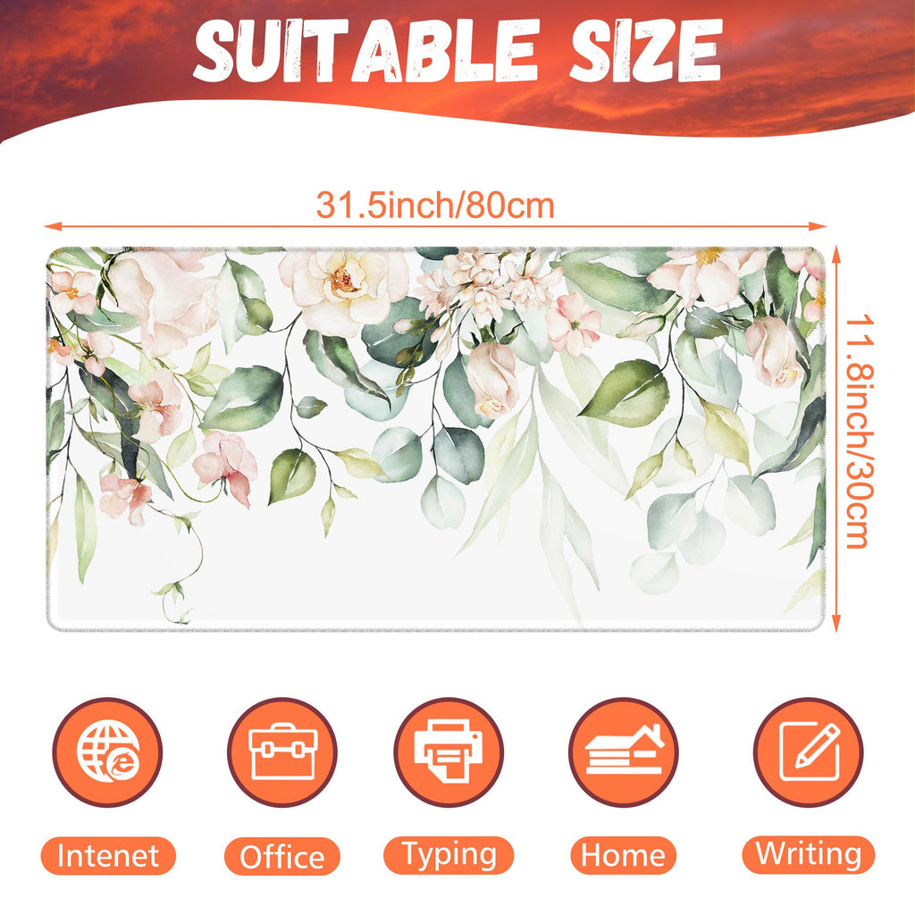 KOAIWPAE Desk Mat, Watercolor Pink Flowers Desk Pad, Green Leaves Flowers Large Gaming Mouse Pad for Desk, 31.5"x15.7" Extended Big Computer Keyboard Mouse Pad with Non-Slip Base and Stitched Edge