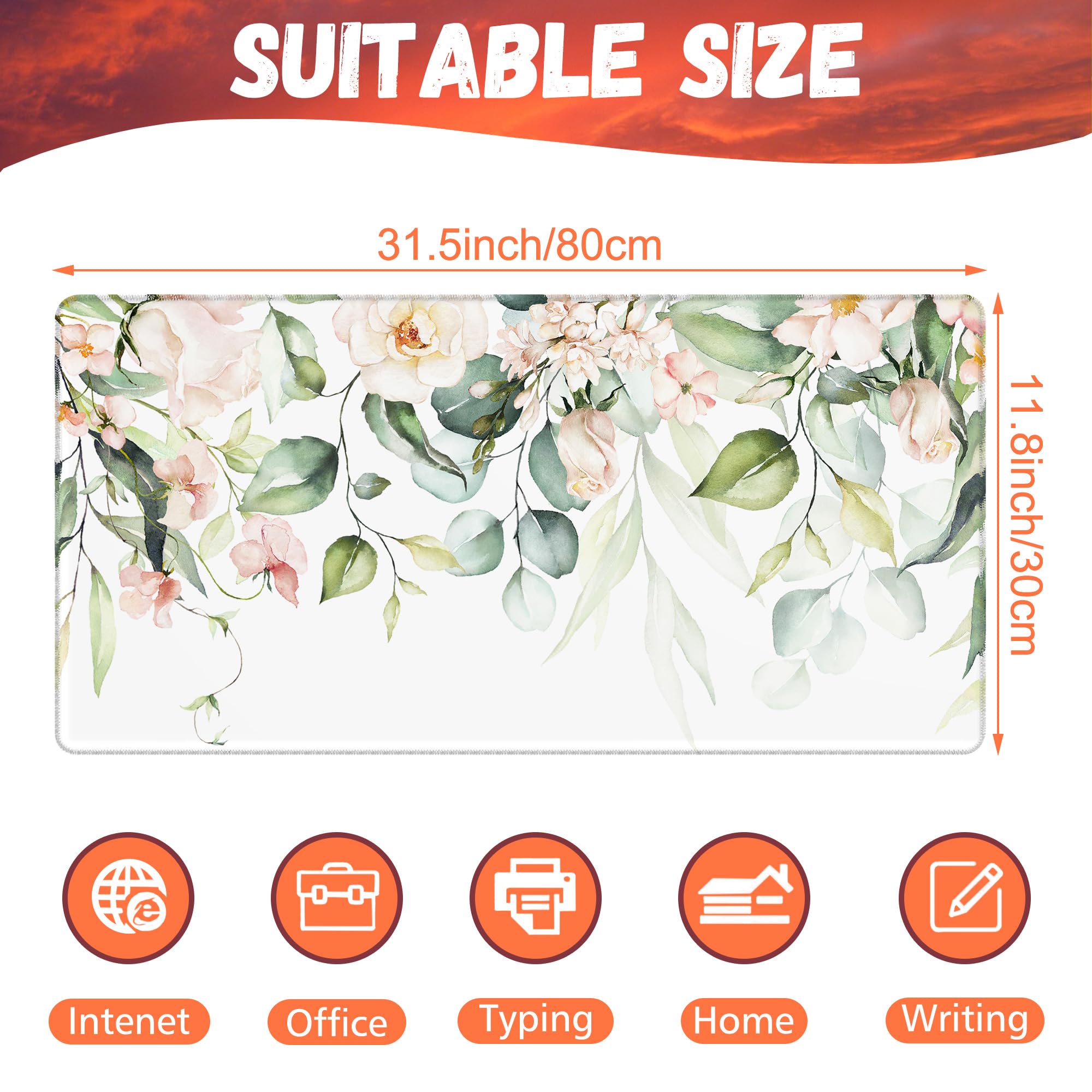 KOAIWPAE Desk Mat, Watercolor Pink Flowers Desk Pad, Green Leaves Flowers Large Gaming Mouse Pad for Desk, 31.5"x15.7" Extended Big Computer Keyboard Mouse Pad with Non-Slip Base and Stitched Edge