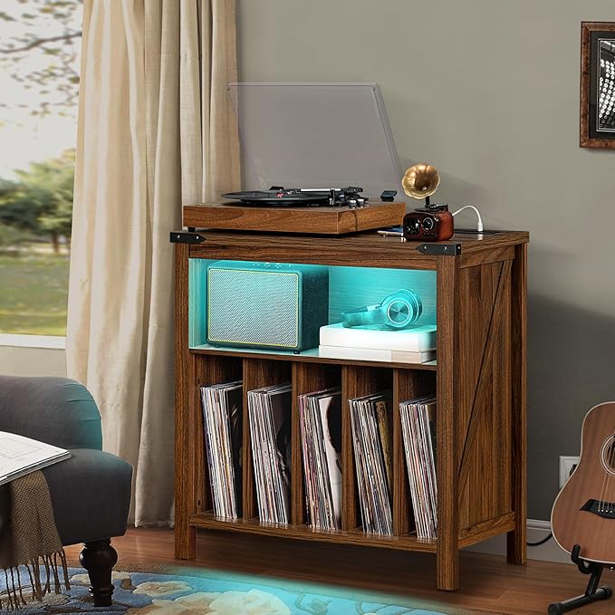 Large Record Player Stand with Charging Station & LED Lights, Vinyl Records Storage Holder Cabinet Holds up to 230 Albums, Turntable Stand for Music Room, Bedroom, Living Room, Office (Brown)