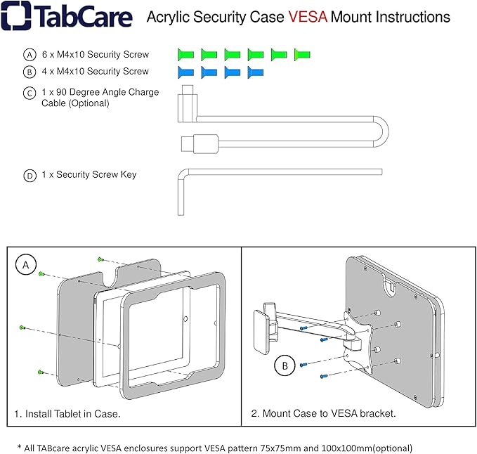 TABcare Anti-Theft Acrylic VESA Enclosure for Apple iPad 7/8/9 10.2" with Free Wall Mount Kit & 90-Degree Angle Charge Cable (iPad 7/8/9 10.2", White)