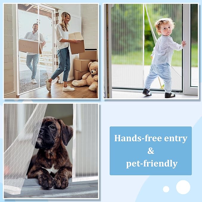 Magnetic Screen Door - Self Sealing, Heavy Duty, Hands Free Mesh Partition Keeps Bugs Out Let Breeze in- Pet and Kid Friendly - Keep Open Feature (White, Fit Door Size 30 x 80 Inch)