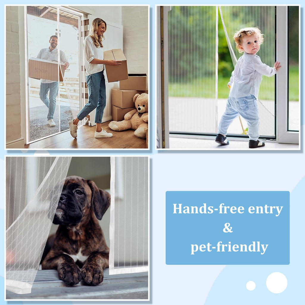 Magnetic Screen Door - Self Sealing, Heavy Duty, Hands Free Mesh Partition Keeps Bugs Out Let Breeze in- Pet and Kid Friendly - Keep Open Feature (White, Fit Door Size 36 x 96 Inch)