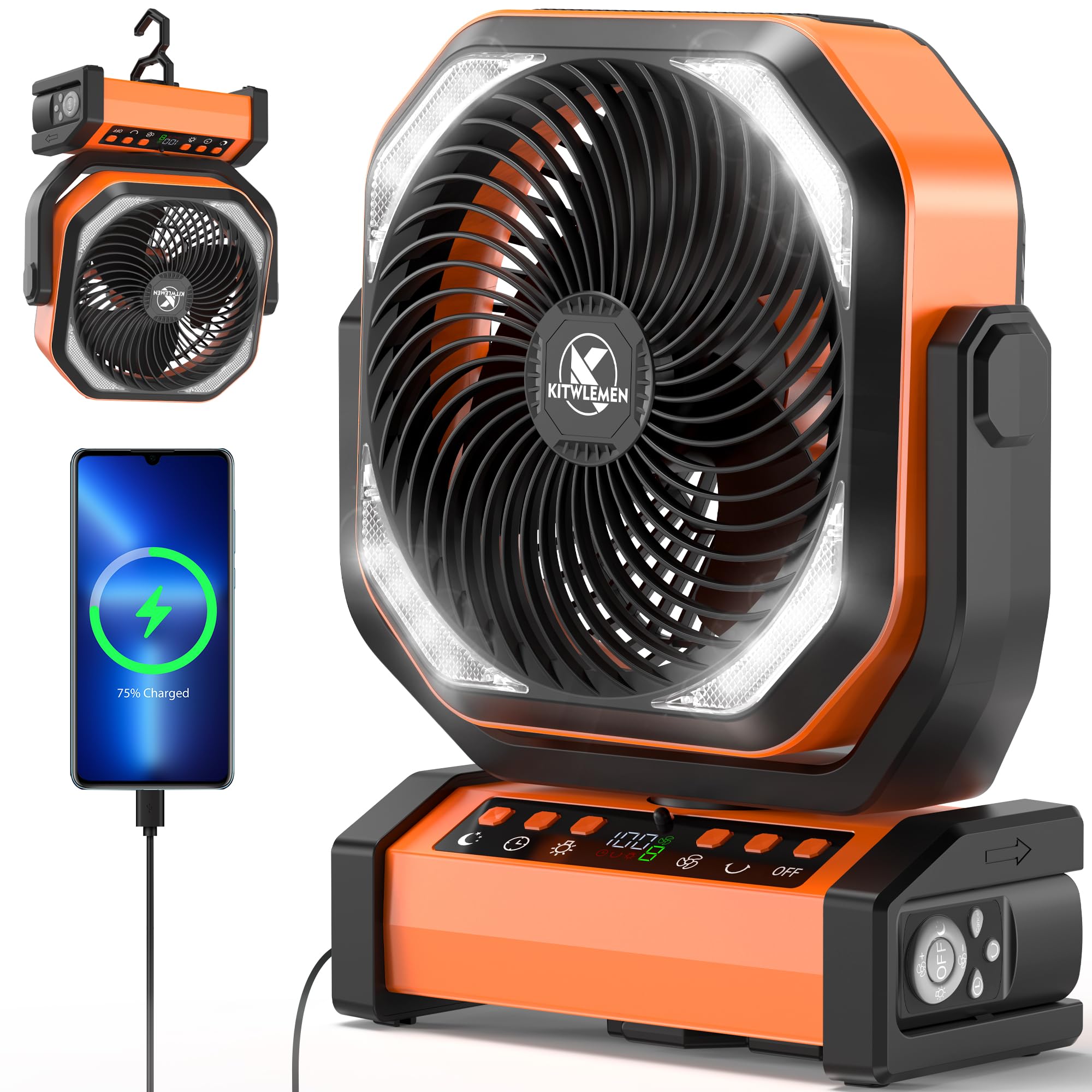 Camping Fan with Light - 20000mAh Rechargeable Battery Tent Fan, 112Hrs Max, 8 Speeds, Digital Display, Timer, Auto Oscillation, 270° Pivot & Hook for Garage, RV, Hurricane, Co-Branded with AMACOOL