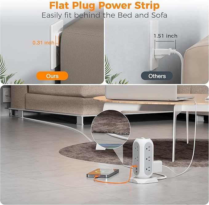 Surge Protector Power Strip Tower 10 Ft, TESSAN Flat Plug Extension Cord with 11 AC Multiple Outlets 3 USB Ports (1 USB C), 1050J Desk Charging Station for Home, Office Supplies, Dorm Room Essentials