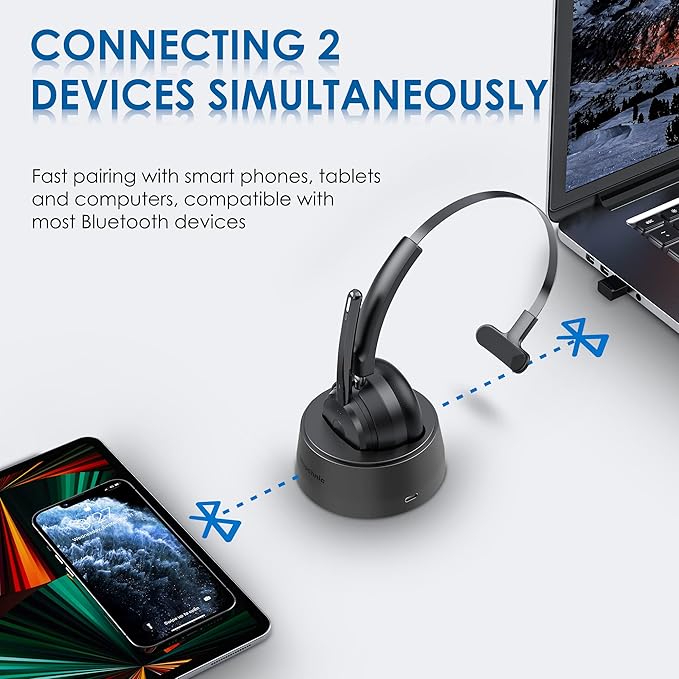 Bluetooth Headset, Wireless Headphone with Microphone for Computer, On Ear Bluetooth Headset with USB Dongle for Office Call Center Skype Zoom Meeting Online Class (Gray)