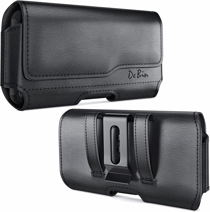 DeBin Holster for Large iPhone Plus, Pro Max Models 16 15 14 13 12 11 Xs Max – Leather Cell Phone Belt Holder Case with Clip, Carrying Pouch Cover Fits Phone with Case on, Black