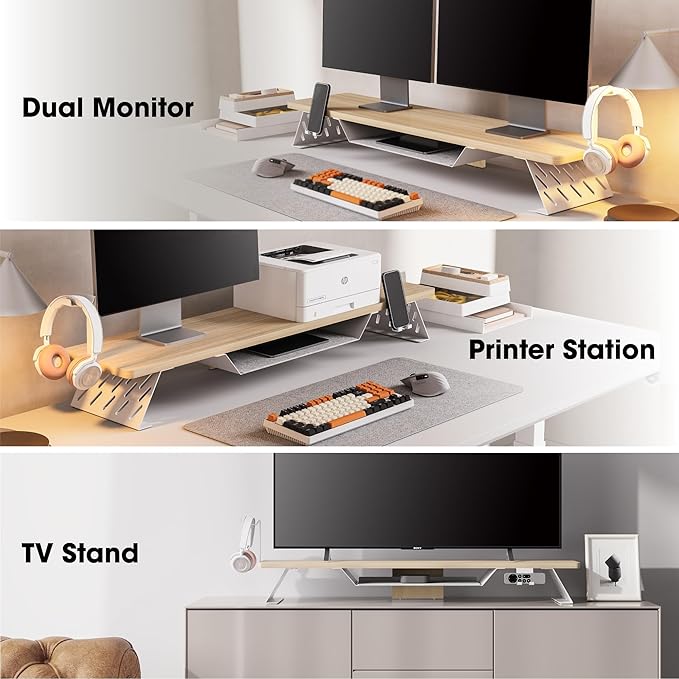 Fenge Dual Monitor Stand, Wooden Desk Shelf with Headphone & Phone Holder