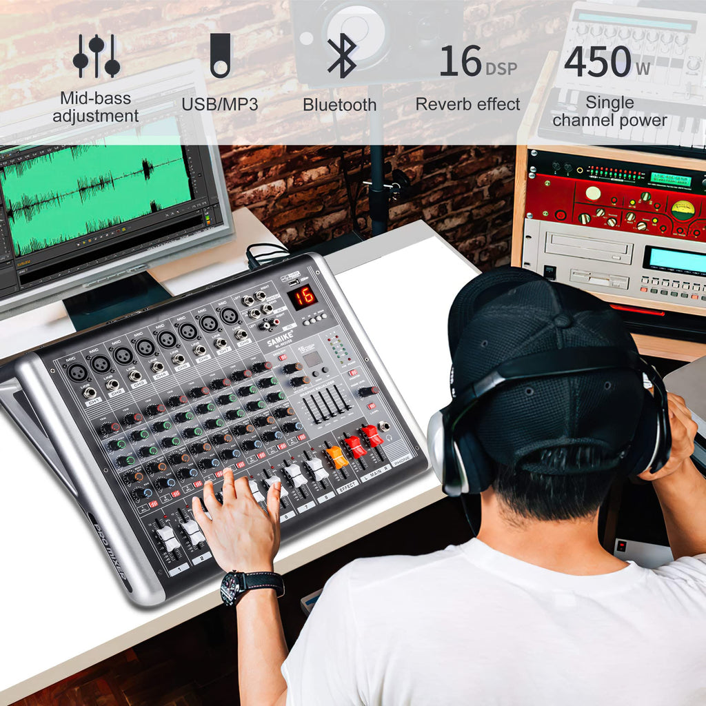 Mixers Audio 8 Channel Mixer Power Mixer Amplifier 2 * 300 Watt Output Dj Mixer Board with 16 Kinds of DSP Reverb Sound Mixers for Speakers