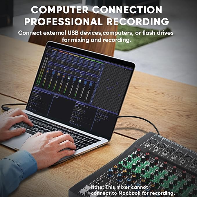 8 Channel Audio Mixer, Professional DJ Mixer Board Sound Music Mixing Console Digital Mixer with Reverb, Bluetooth, USB Port, 48V Phantom Power for Recording Karaoke Podcasting