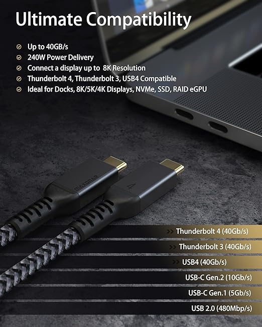 Maxonar [1Ft] Thunderbolt 4 Cable, Short Thunderbolt Cable 40Gbps with 240W Charging and 8K/5K@60Hz Compatible with Thunderbolt 4/3, USB4, and USB C
