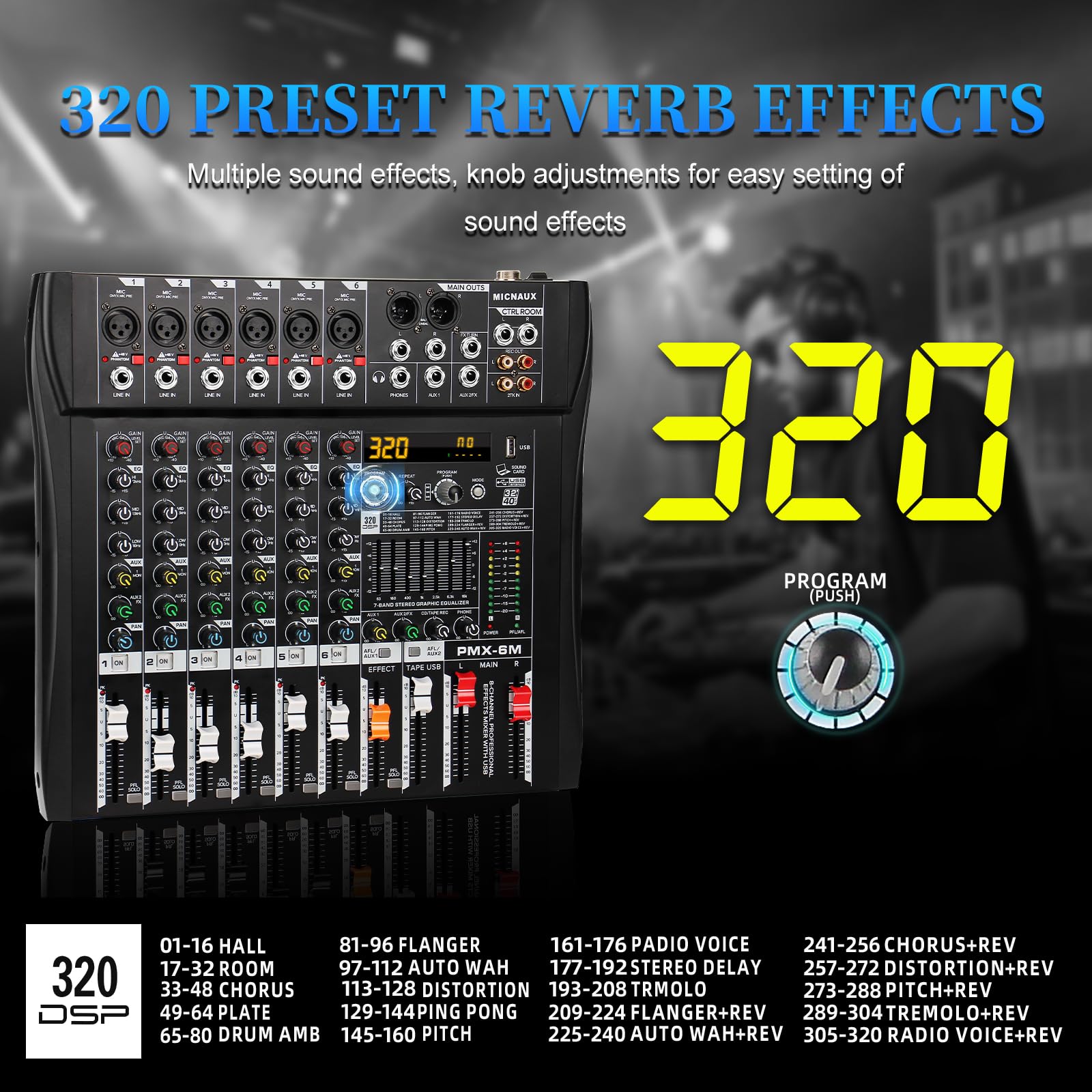 MICNAUX Audio Mixer 6 Channel Professional Mixer Console with 320 DSP Effects, 7-band EQ Sound Mixing Board Digital DJ Mixer w/USB Bluetooth MP3 for Recording, Independent 48V Power & Mute Button