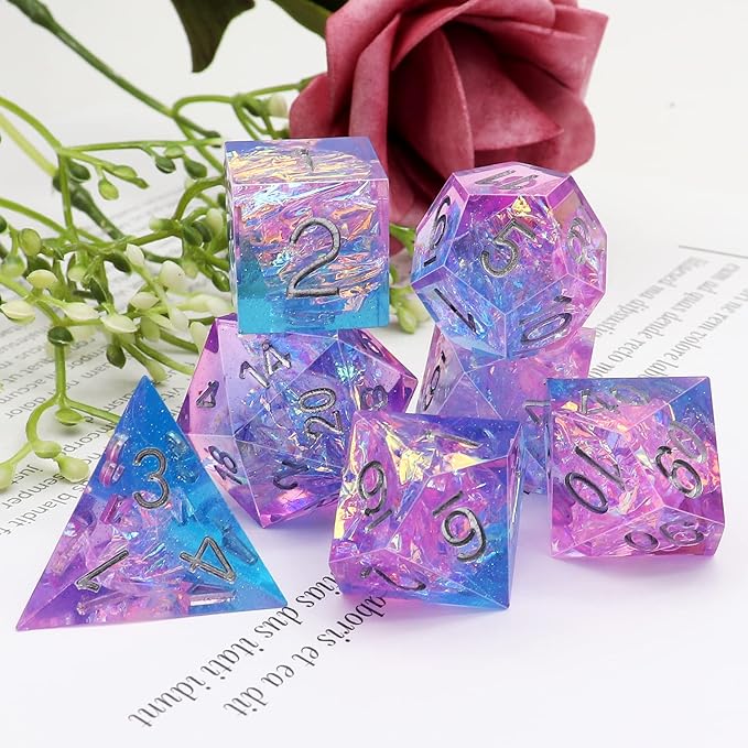 Haxtec Sparkling Sharp Edge Dice Set - Handmade Resin DND Dice with Iridescent Mylar Inclusion, Light Purple and Blue Color Mix-Enchanted Stardust