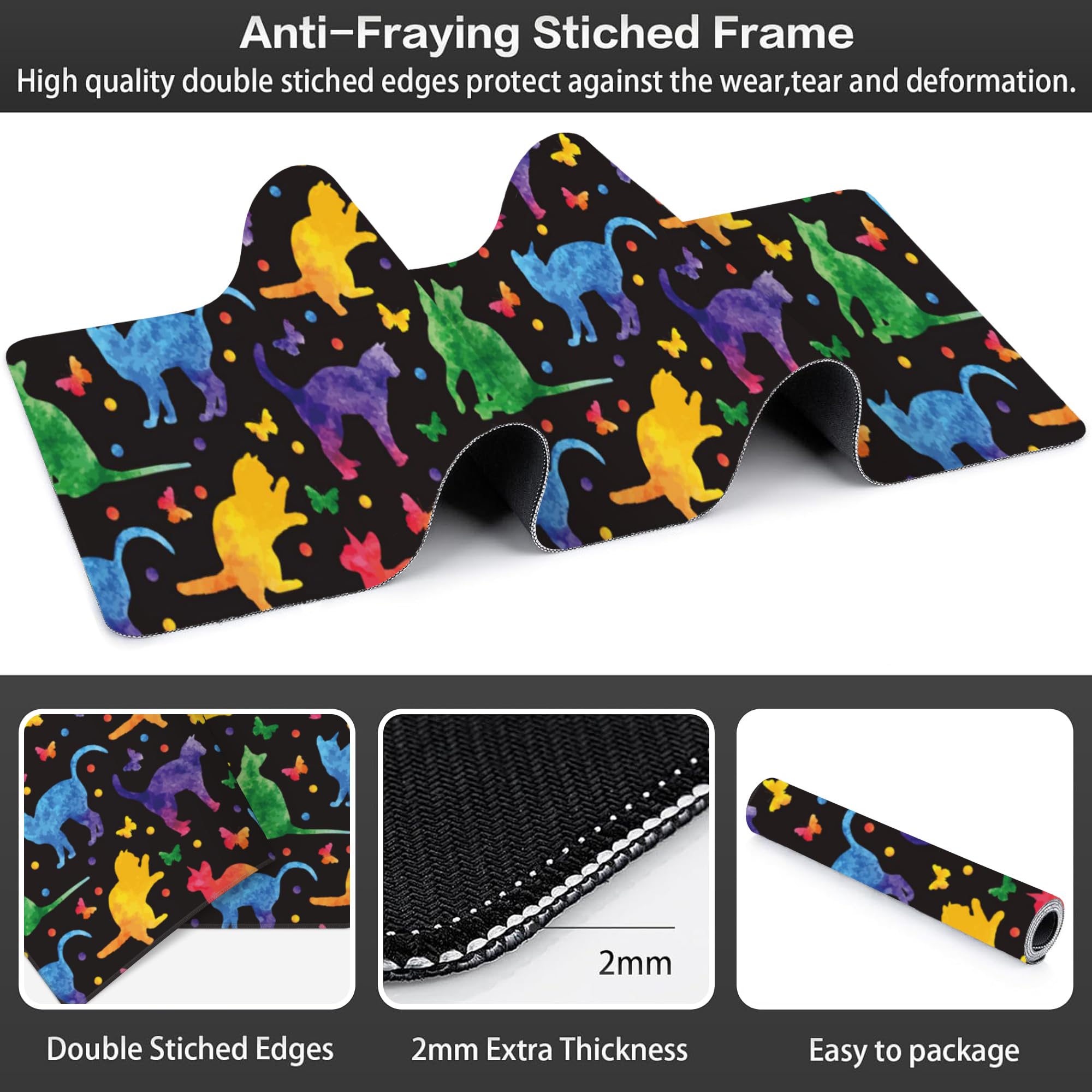 Colorful Cats and Butterflies Desk Mat,Large Watercolor Kittens Butterfly Gaming Keyboard Mouse Pad,Non-Slip Rubber Base Desk Pad Thick Stitched Edges Waterproof Mousepad Mouse Mat 31.5"x11.8"