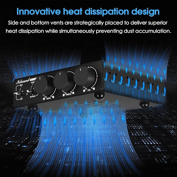 Douk Audio NS-13G MAX 300Wx2 Stereo Amplifier with Phono Input - HiFi Class D Mini Power Amp for Home Theater, Turntables, Studio Monitor | TPA3255 Chip, RCA/MM Inputs, Bass/Treble Control (DC 48V)