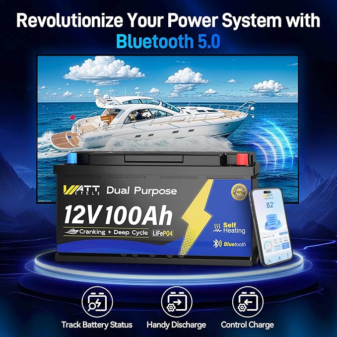 12V 100Ah Marine Starting LiFePO4 Battery Bluetooth, [Cranking &Deep Cycle] Lithium Battery with Self-Heating, Built-in 200A BMS, Perfect for Trolling Motor, RV, Marine, Boat