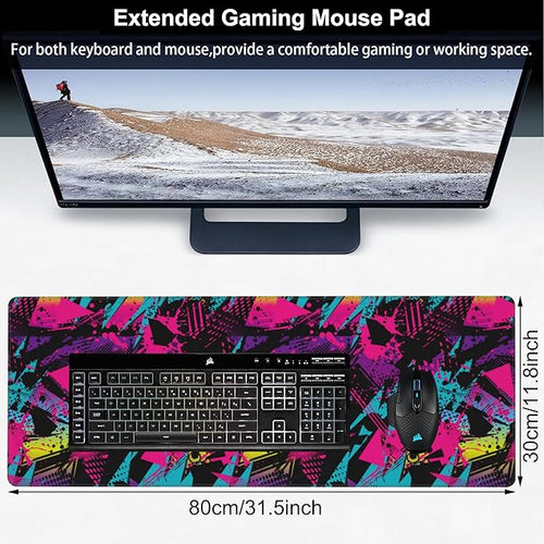 Abstract Grunge Elements Desk Mat,Large Neon Color Patterns Gaming Keyboard Mouse Pad,Non-Slip Rubber Base Desk Pad Thick Stitched Edges Waterproof Mousepad Mouse Mat 31.5"x11.8"