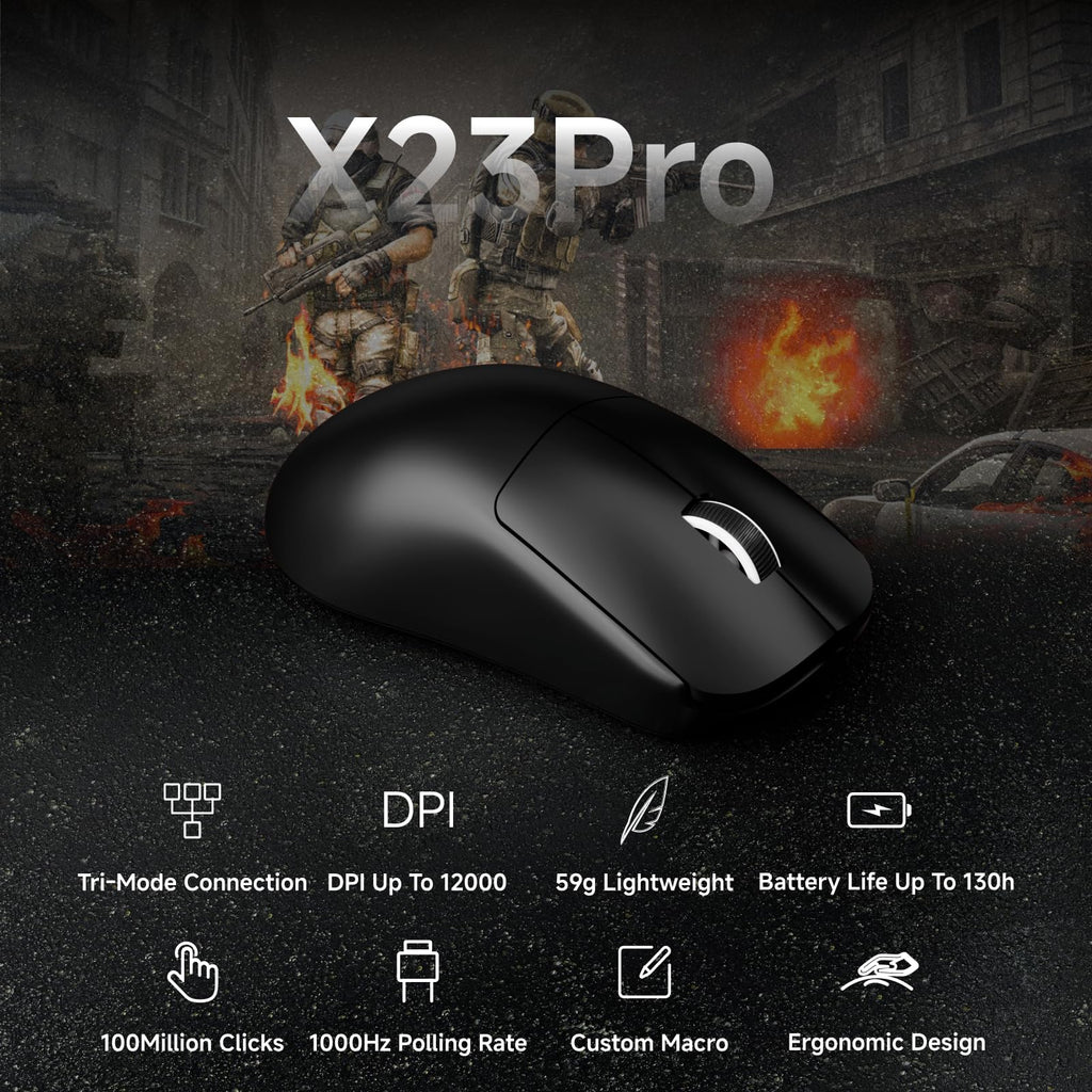 SEUNKWANG EWEAND X23 Pro Gaming Mouse, Tri-Mode 2.4G/USB-C/Bluetooth Wireless Mouse, PAW3311 Sensor, 12,000 DPI, 59g Lightweight, 1ms Ultra-Low Delay, Gaming & Computer Mouse for Laptop/PC/Mac-Black