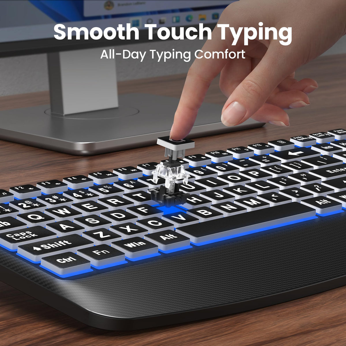 TECKNET Wired Keyboard and Mouse Combo, 7 Color Backlit Large Print Ergonomic Keyboard with Wrist Rest, Soft Typing, USB Plug & Play, Silent Keyboard Mouse Set for PC, Mac, Laptop, Blue