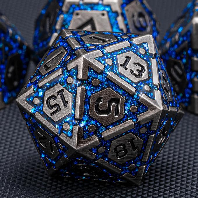 DND Metal Dice Set, Polyhedral Dice Set for RPG D&D Dice with Cracks Dungeons and Dragons Dice Set for RPG TTRPG D&D Die with Gift Case(Antique Nickel Blue)