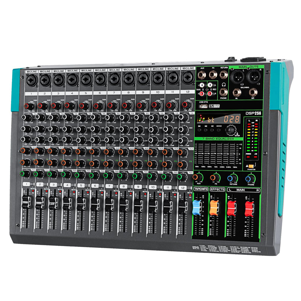 Depusheng PA12 Professional Audio Mixer Sound Board Console Desk System Interface 12 Channel Digital USB Bluetooth MP3 Computer Input 48V Phantom Power Built-in 256 Reverb Effect, Black