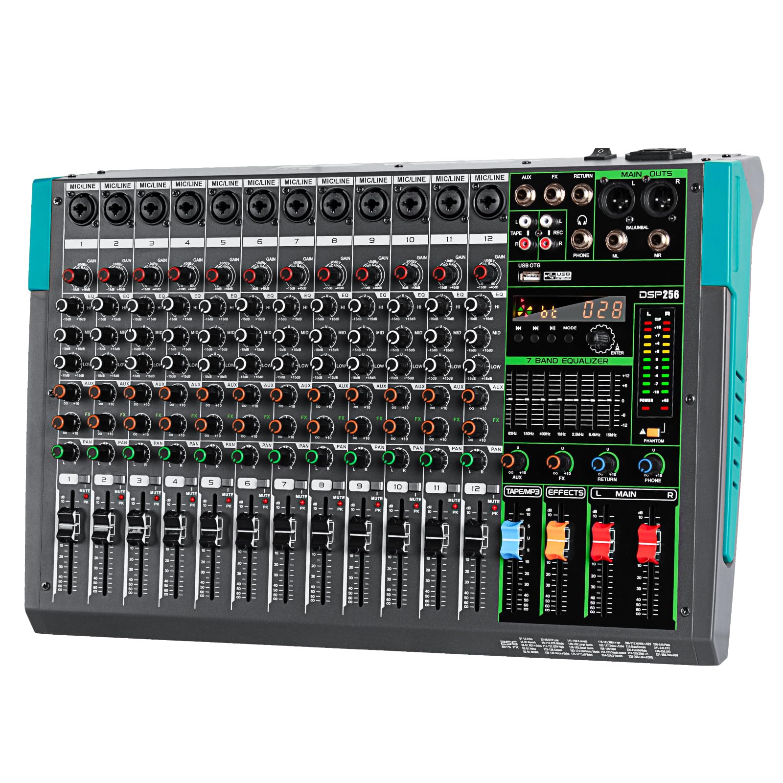Depusheng PA12 Professional Audio Mixer Sound Board Console Desk System Interface 12 Channel Digital USB Bluetooth MP3 Computer Input 48V Phantom Power Built-in 256 Reverb Effect, Black