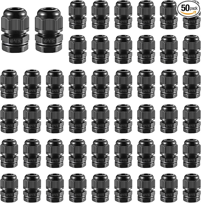 50 PCS 3/8"(5-10mm) NPT Nylon Cable Gland Joints with Gaskets, IP68 Adjustable Lock Nut Strain Relief Cord Grip Waterproof Cable Glands - UL Listed and RoHS Compliant