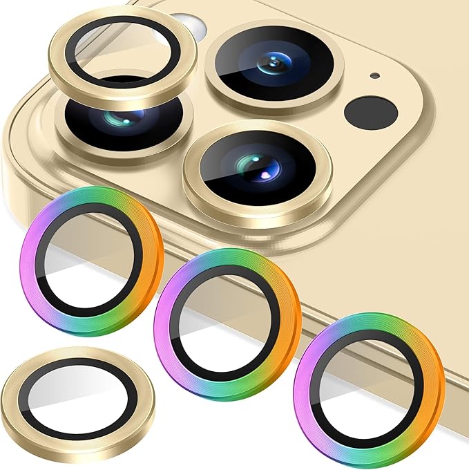 AGVEE 3+3 for iPhone 14 Pro 6.1" / 14 Pro Max 6.7" Camera Lens Protector, Brushed Metal Ring 9H Tempered HD Glass Camera Protector Cover Film, Gold