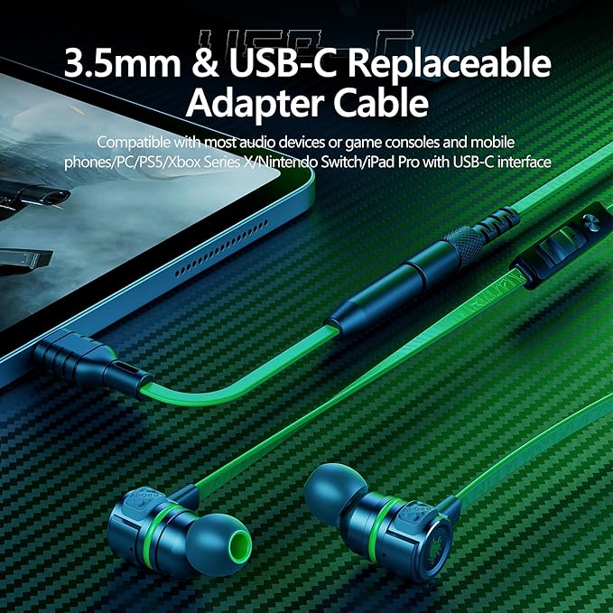 Gaming Earbuds Wired, USB C & 3.5mm Dual Plug in Ear Headphones with Mic and Volume Control for Small Ears, Stereo Bass Noise Isolating Earphones for PC/PS4/PS5/Xbox Series/Switch/Sleep/Sport/Workout