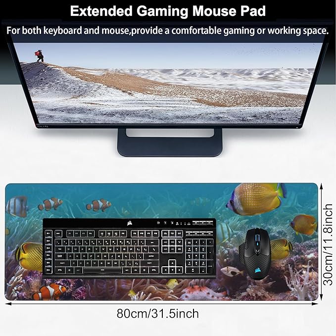 Vibrant Underwater World Desk Mat,Large Tropical Fishes on Coral Reefs Gaming Keyboard Mouse Pad,Non-Slip Rubber Base Desk Pad Thick Stitched Edges Waterproof Mousepad Mouse Mat 31.5"x11.8"