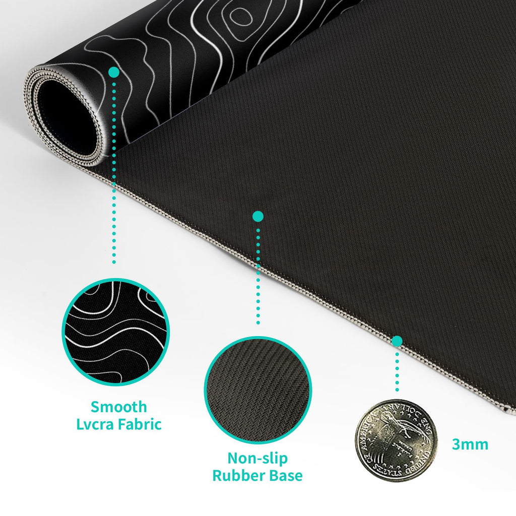 Topographic Contour Black Gaming Mouse Pad XL Geographic Map Lines Extended Big Large Desk Mat Non-Slip Rubber Base Stitched Edge Long Keyboard Mousepad for PC Computer Laptop,31.5x11.8 Inch