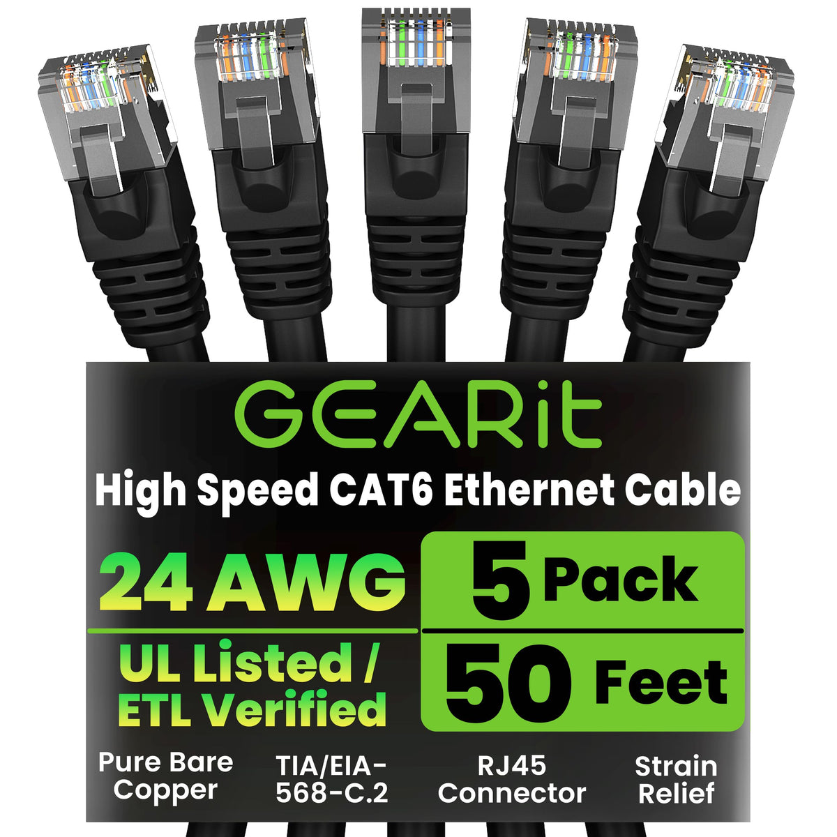 GEARit Cat6 Patch Cables Cat 6 Ethernet Cable 3 ft 5-Pack Black