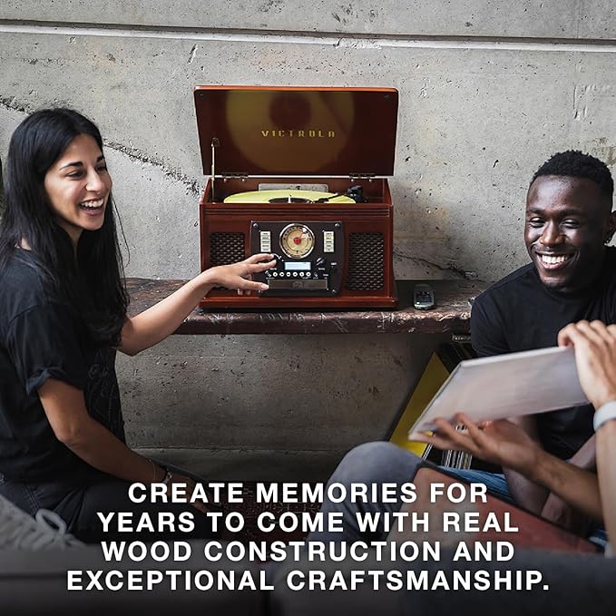 Victrola Navigator 8-in-1 Bluetooth Record Player with Built-in Speakers – 3 Speed Turntable, CD Player, Cassette, FM Radio, USB, RCA Out, Headphone Jack, Wireless Music Streaming, Real Wood (Oak)