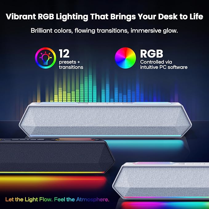 Deeyaple Computer Speakers, 40W Wireless Soundbar for Desktop PC with Bluetooth 5.3 & USB Audio, Dynamic RGB Lighting, Software Custom EQ, External Power Adapter Gaming Speakers, Laptop, Xbox (White)