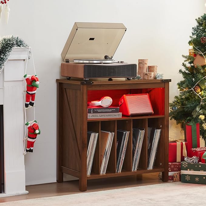 Large Record Player Stand with Charging Station & LED Lights, Vinyl Records Storage Holder Cabinet Holds up to 230 Albums, Turntable Stand for Music Room, Bedroom, Living Room, Office (Brown)