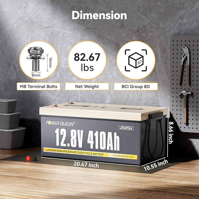 Power Queen 12.8V 410Ah LiFePO4 Battery, 5248Wh Energy Lithium Battery Built in 250A BMS,4000+ Cycle Times and 10-Year Lifetime,Ideal for Solar System,RV,Home Backup,Off-Grid