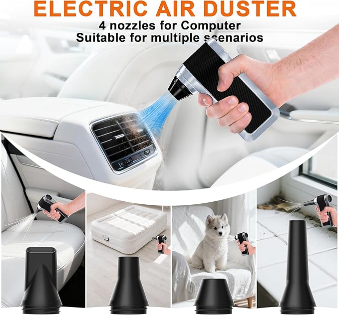 Electric Air Duster - 130000RPM Compressed Air Duster with Brushless Motor,3-Gear Speeds - Air Duster, 4pcs Nozzles - Mini Blower for Keyboard,Car,PC,Home Cleaning