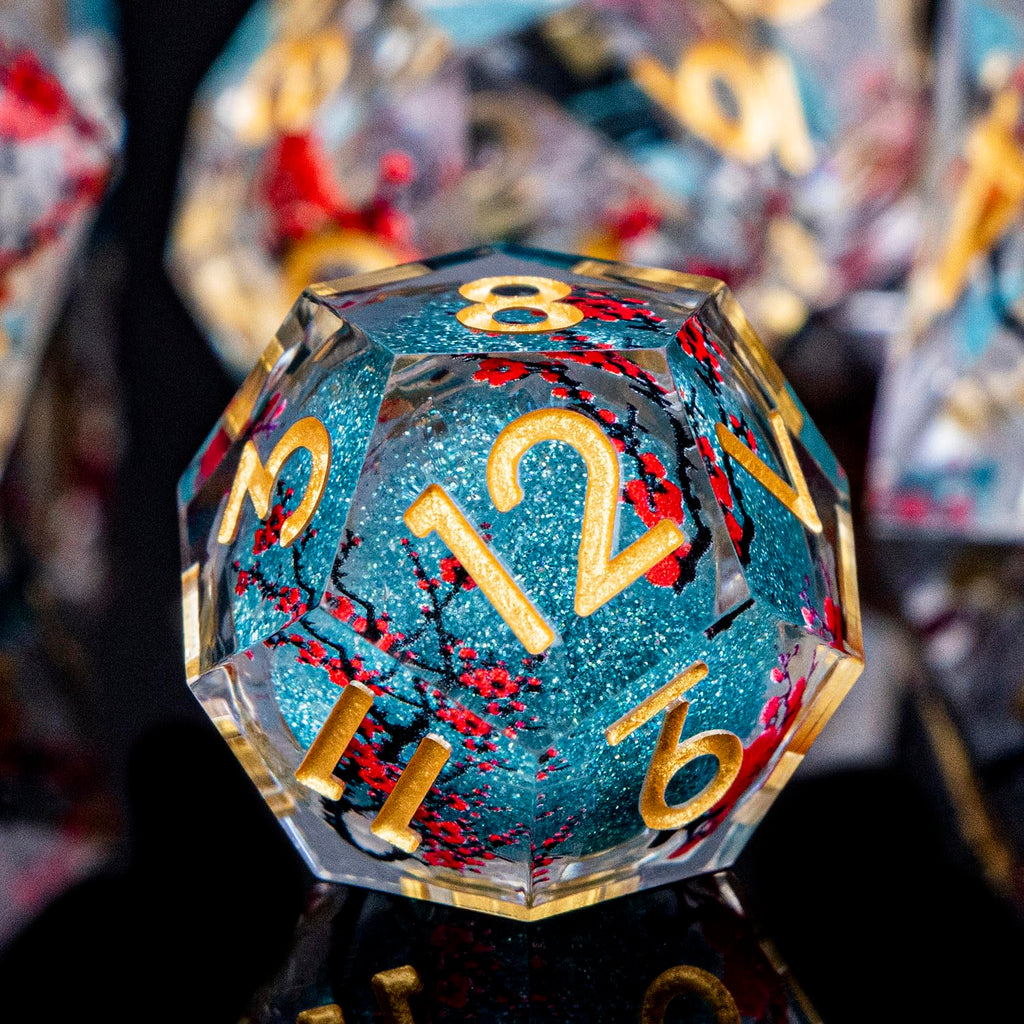 ORIFANTOU Plum Blossom DND Dice Blue Liquid Core Dice Set with Metal Box, Handmade Sharp Edge Dice D and D Polyhedral Dice for use with D&D RPG Role Playing Game
