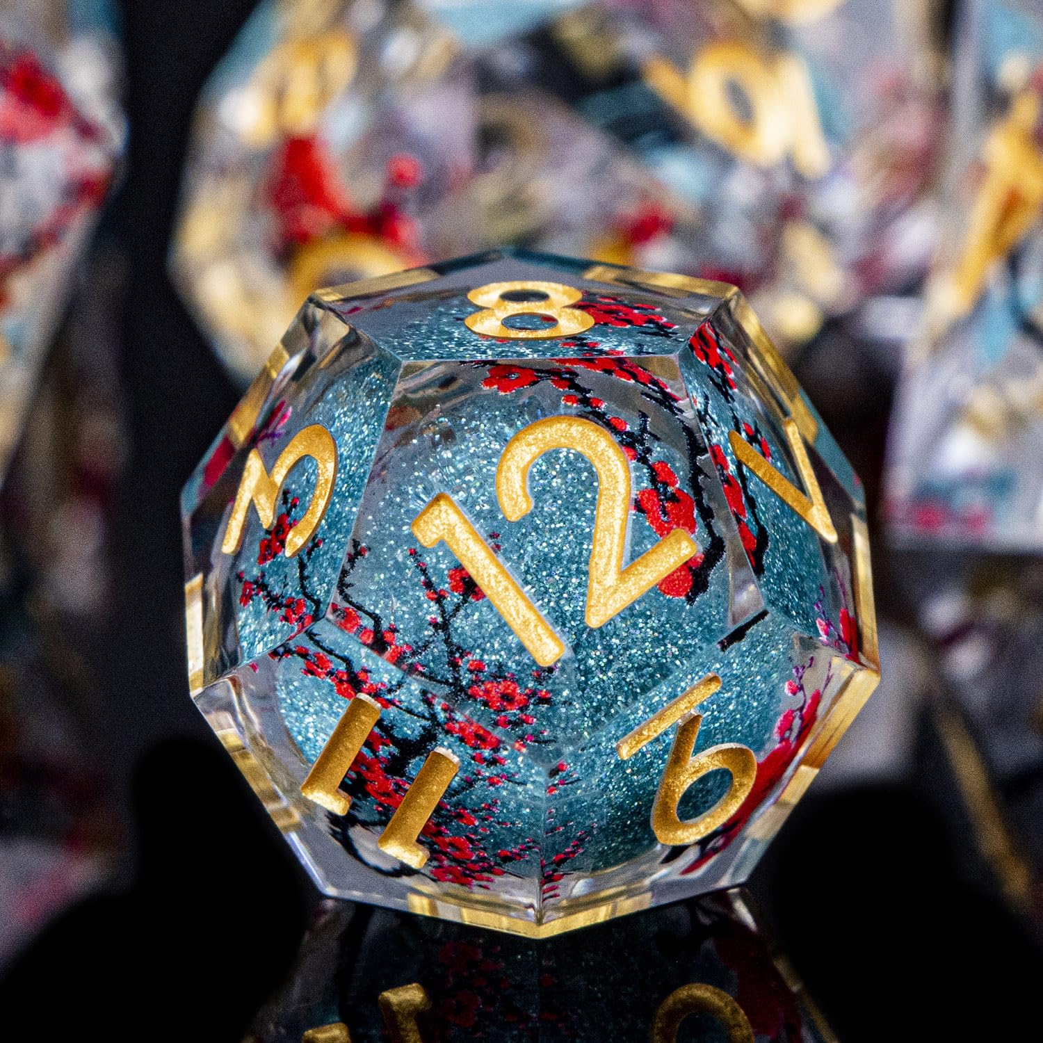ORIFANTOU Plum Blossom DND Dice Blue Liquid Core Dice Set with Metal Box, Handmade Sharp Edge Dice D and D Polyhedral Dice for use with D&D RPG Role Playing Game