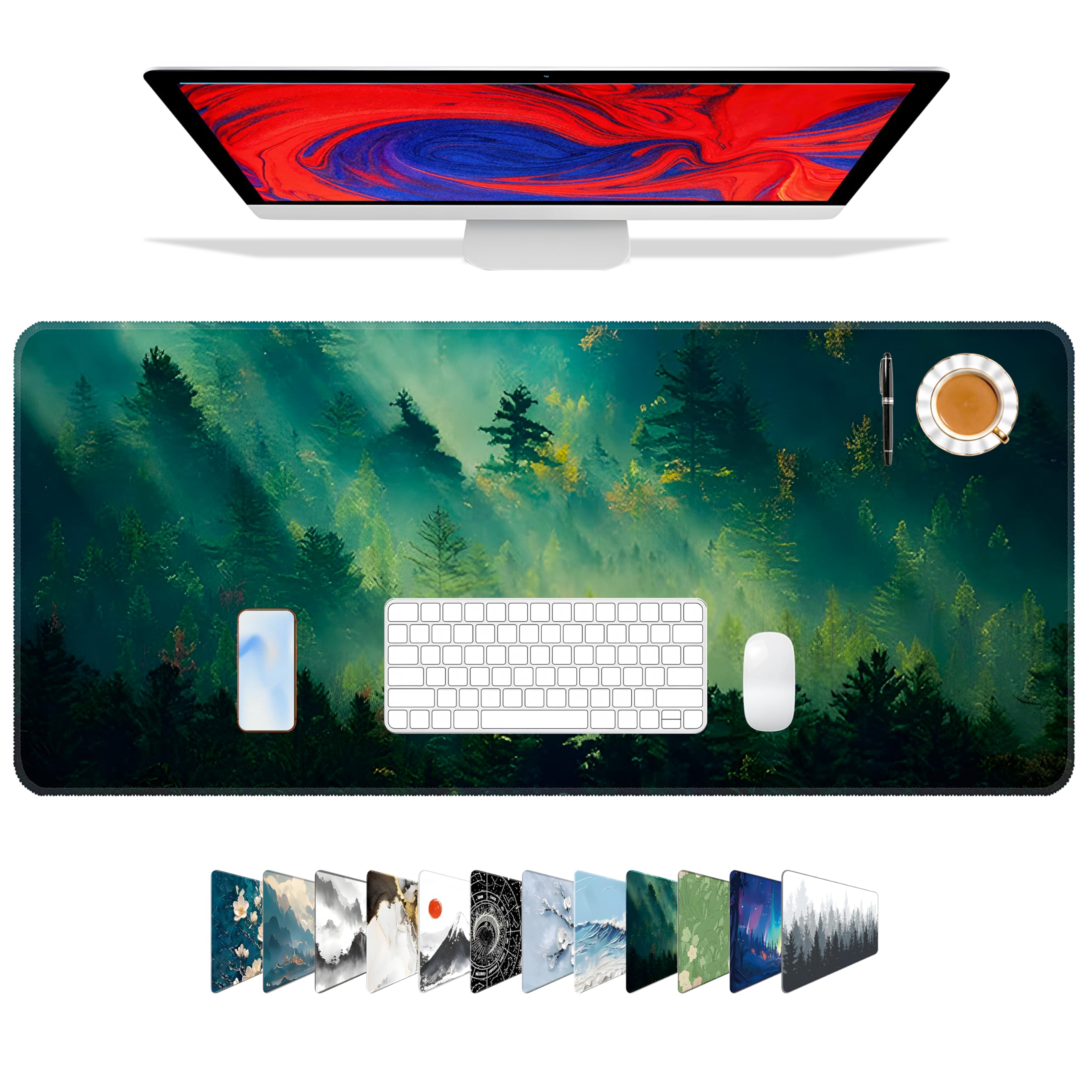 Galdas Mouse Pad,Office Desk Mat Large Gaming Keyboard Pad Durable Stitched Edges Washable Smooth Surface Control & Accuracy Extended Computer Mouse Mat (31.5X11.8In)-Green Forest…
