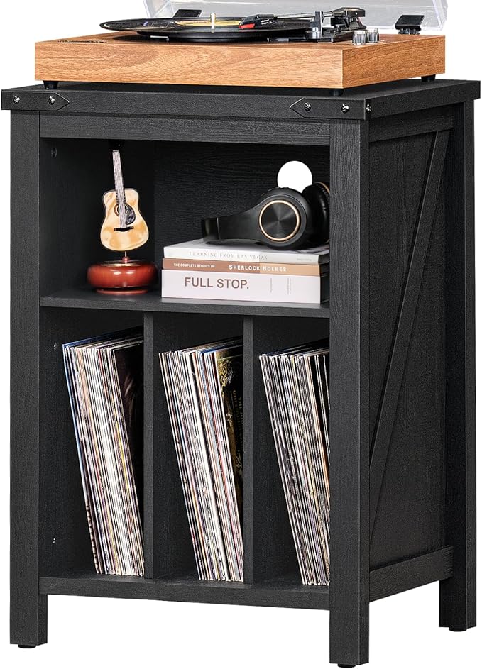Record Player Stand with Vinyl Record Storage - Holds up to 160 Albums, Large Wooden Turntable Table, Black Cabinet Display Shelf for Living Room, Bedroom, Office