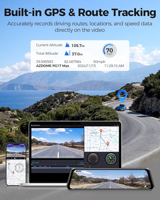AZDOME PG17 Max 4K+2.5K Mirror Dash Cam with ADAS, BSD and LCA, 12" Rear View Mirror Camera with 5GHz WiFi and Voice Control, Rearview Mirror Backup Camera Includes 64GB Card, GPS, Parking Monitor