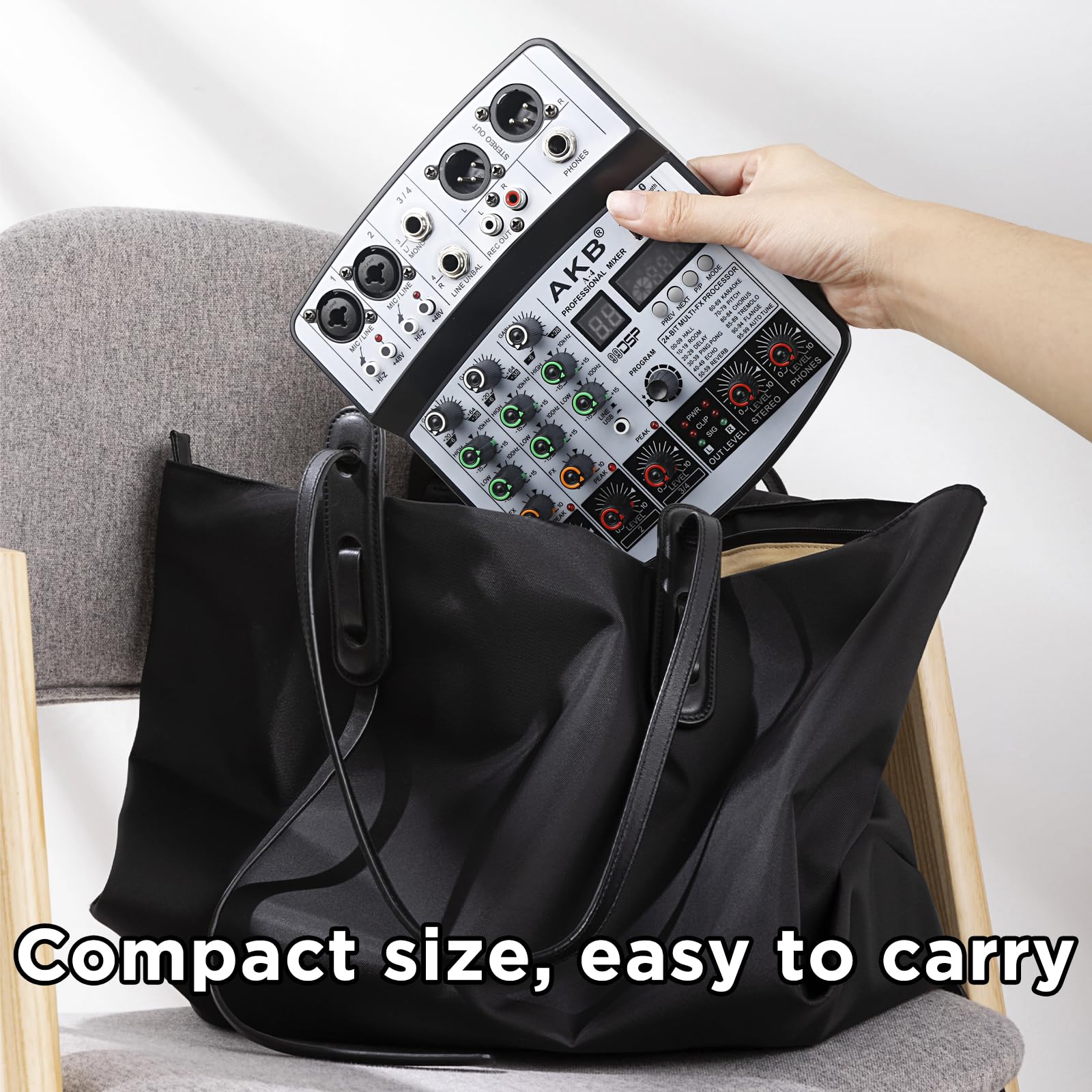 Dj Mixers 4 Channel Audio Mixer Sound Board with Bluetooth, Usb Audio Interface with 48V Phantom Power Sounds Mixer Board with 99 DSP FX Reverb Delay Effect